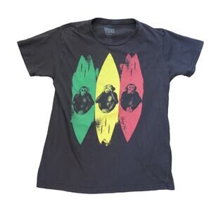 HANG TEN Monkeys Surfing T Shirt Size M Men's Black Surfboard Wise Monkeys
